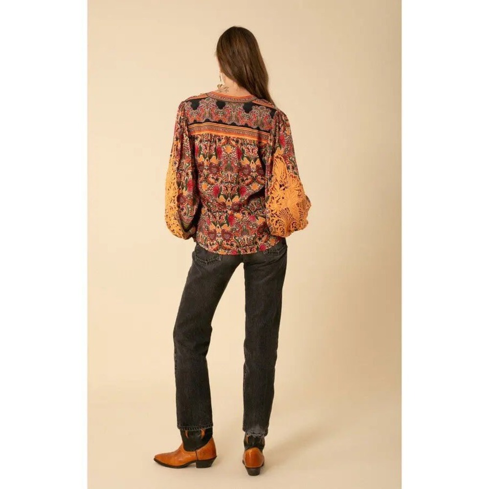 Hale Bob Lana Crochet Top Womens XS Orange Paisley Voluminous Sleeve - Picture 2 of 11